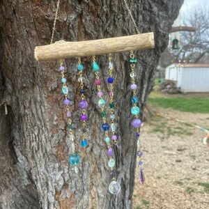 Handmade purple/blue/green/gold/wood sun catcher wind chime